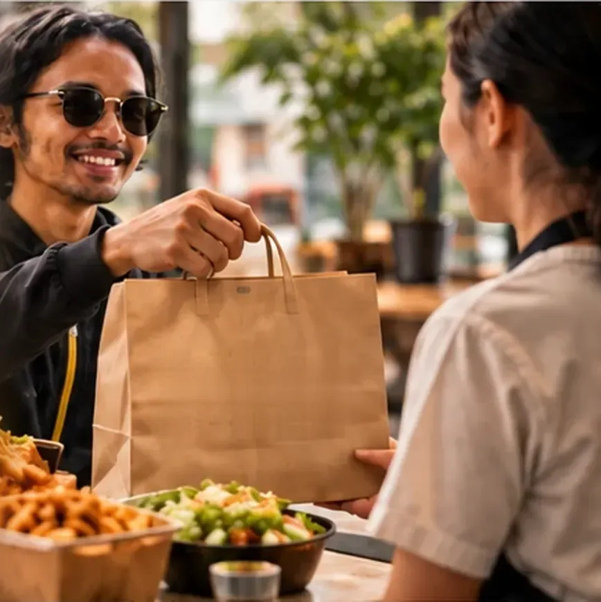 A smiling delivery driver in dark sunglasses and a dark jacket hands a kraft paper bag to a customer at a café pickup