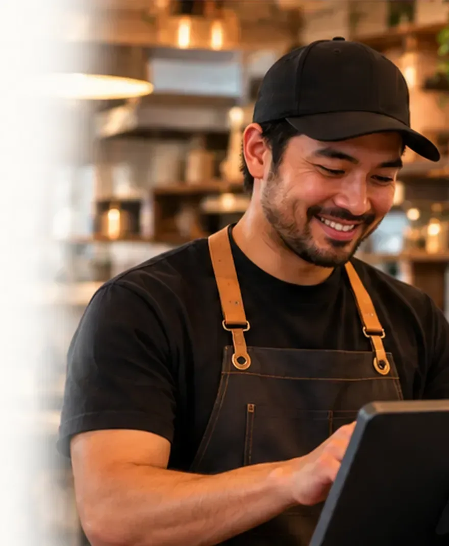 A smiling restaurant operator in a cap and apron uses a countertop POS terminal
